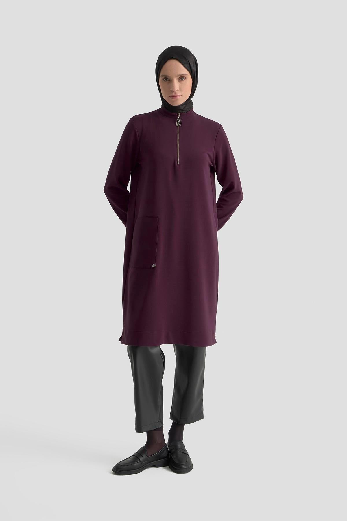 ARMİNE TREND Yakası Fermuarlı Kolları Ribanalı Örme Kumaş Tunik Bordo 25KT443