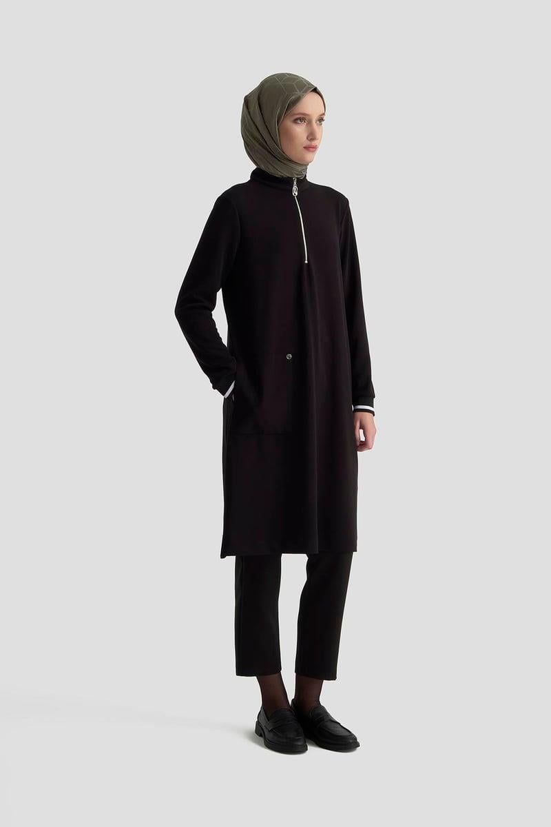 ARMİNE TREND Yakası Fermuarlı Kolları Ribanalı Örme Kumaş Tunik Siyah 25KT443