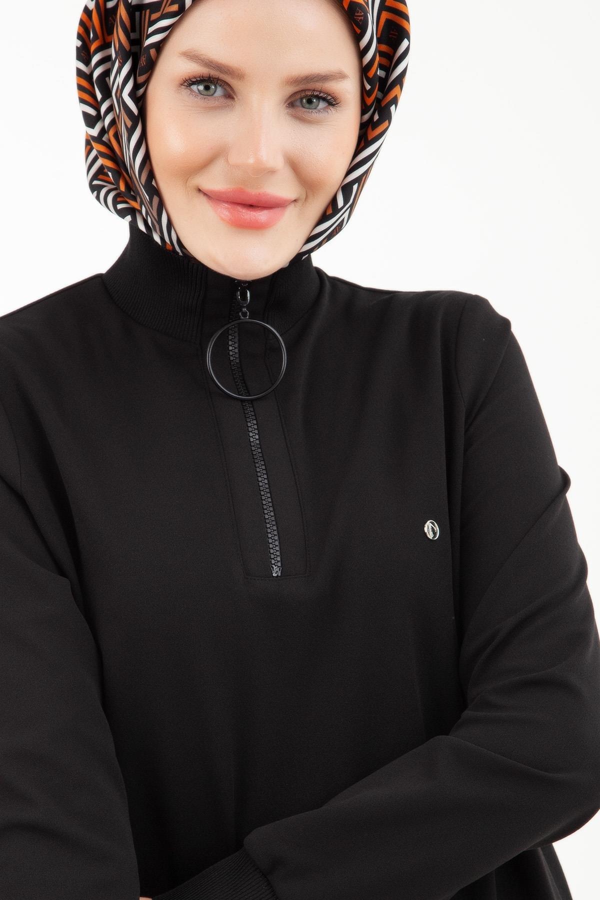 Armine Trend Yakası Halka Fermuarlı Tunik Siyah 23kt442