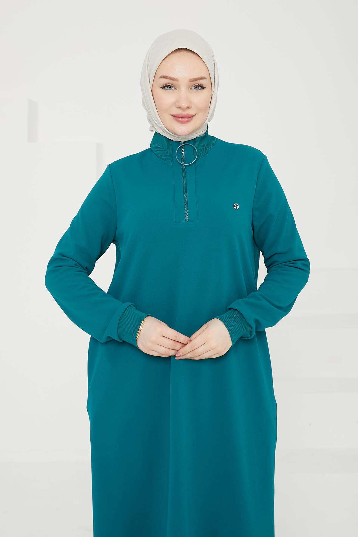 Armine Trend Yakası Halka Fermuarlı Tunik Petrol 24KT436