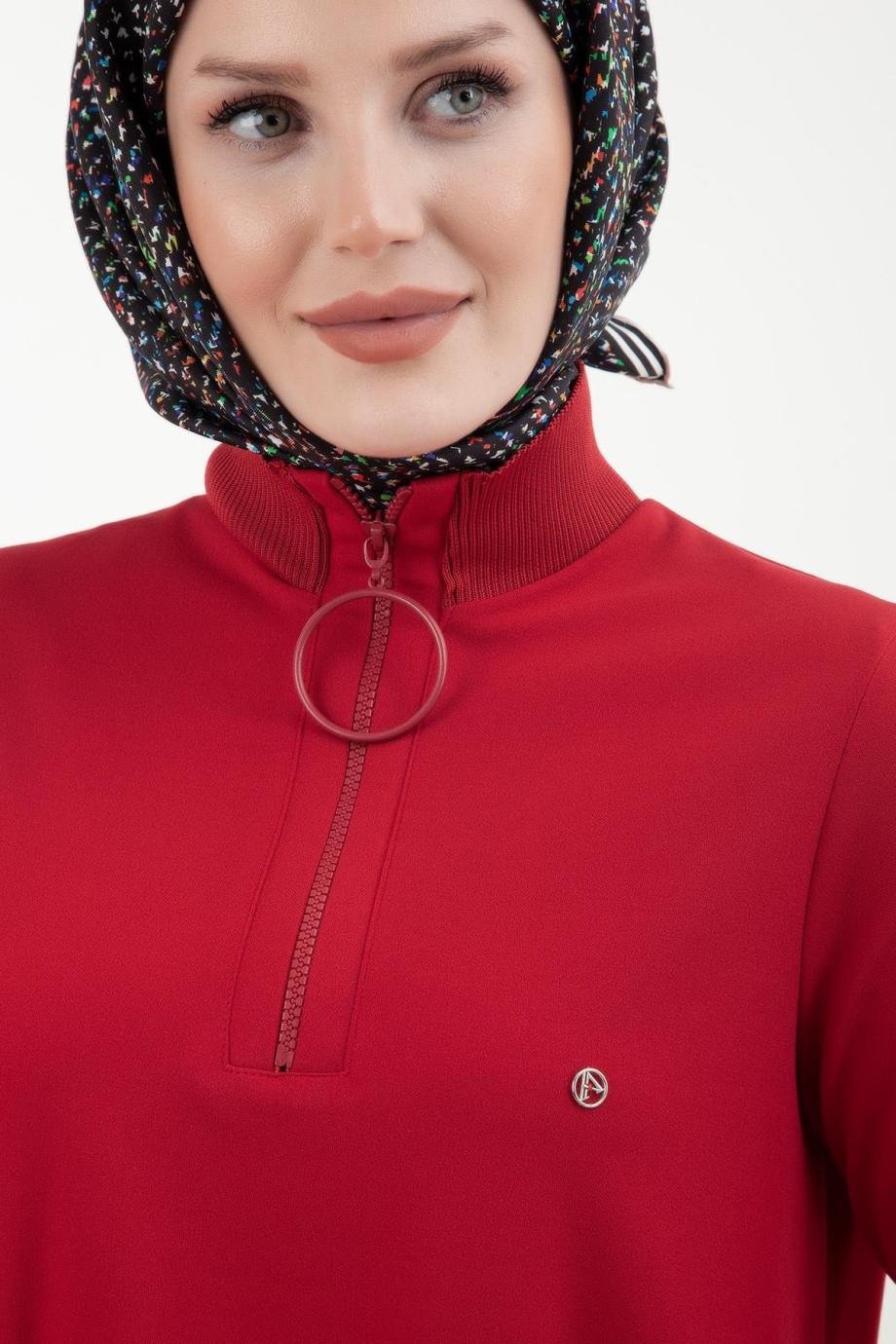 Armine Trend Yakası Halka Fermuarlı Tunik Kırmızı 25YT537