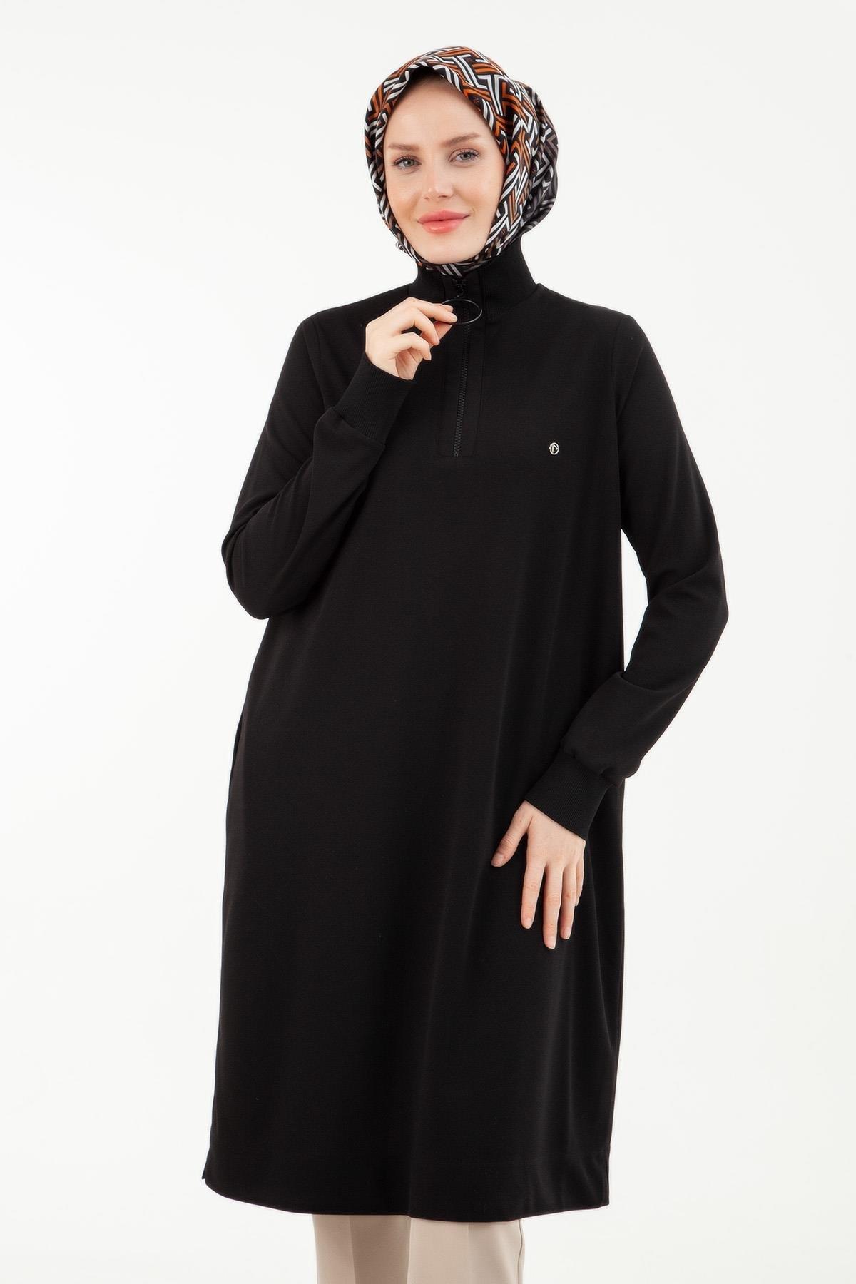 Armine Trend Yakası Halka Fermuarlı Tunik Siyah 23kt442
