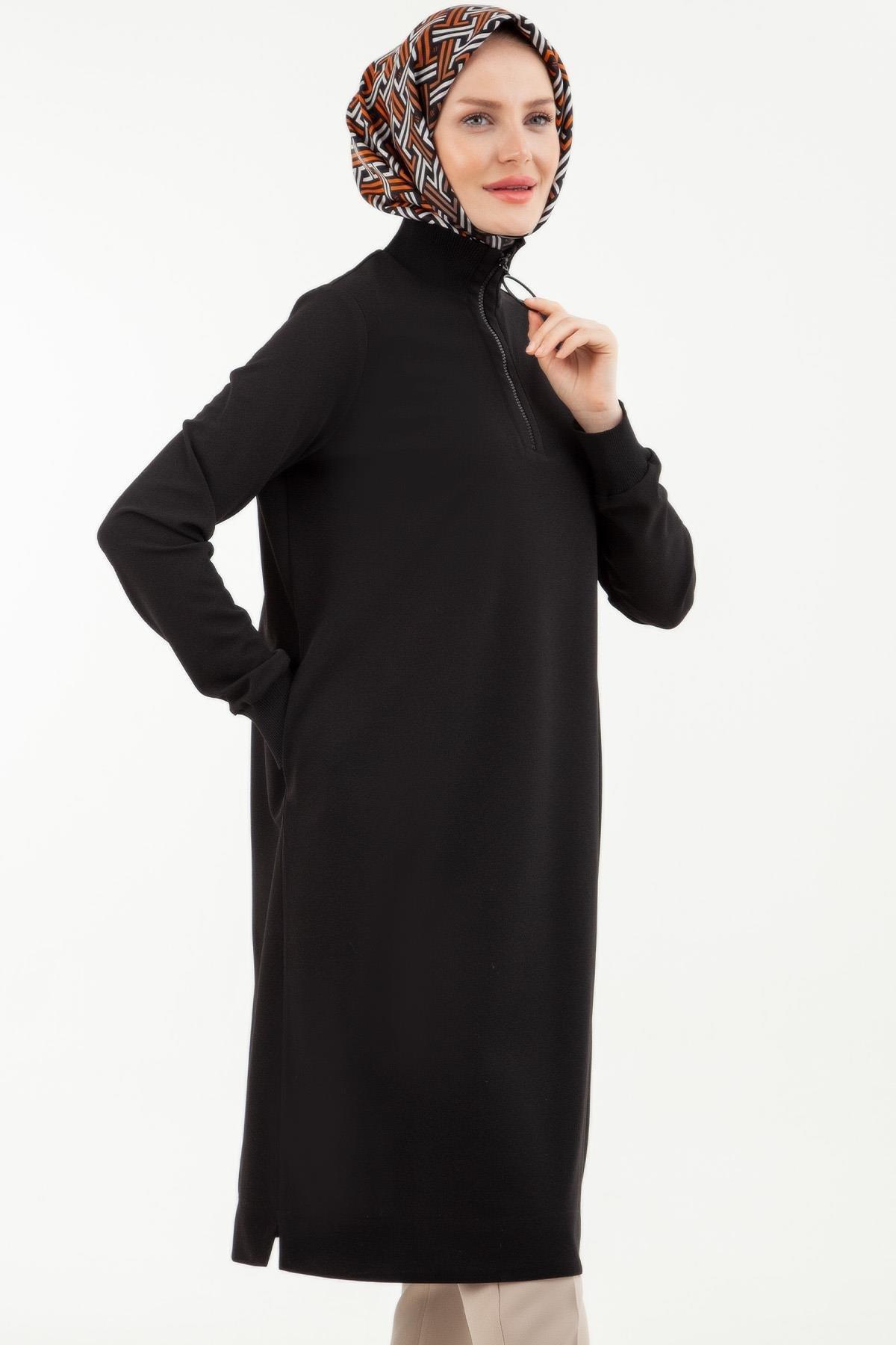 Armine Trend Yakası Halka Fermuarlı Tunik Siyah 23kt442
