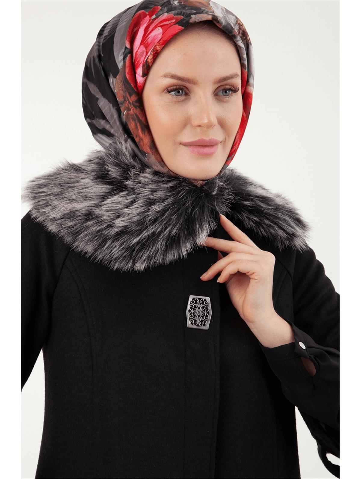 Armine Trend Yakası Kürklü Kaşe Kaban 22KT790 22KT750 Siyah