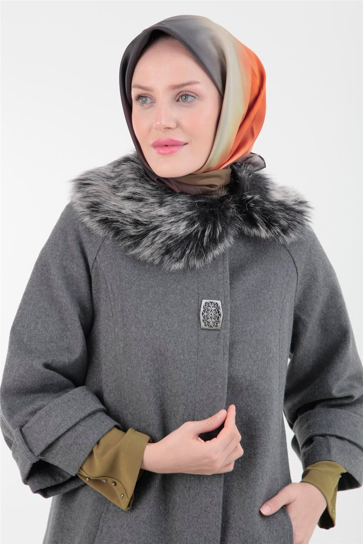 Armine Trend Yakası Kürklü Kaşe Kaban 22KT790 22KT750 Gri