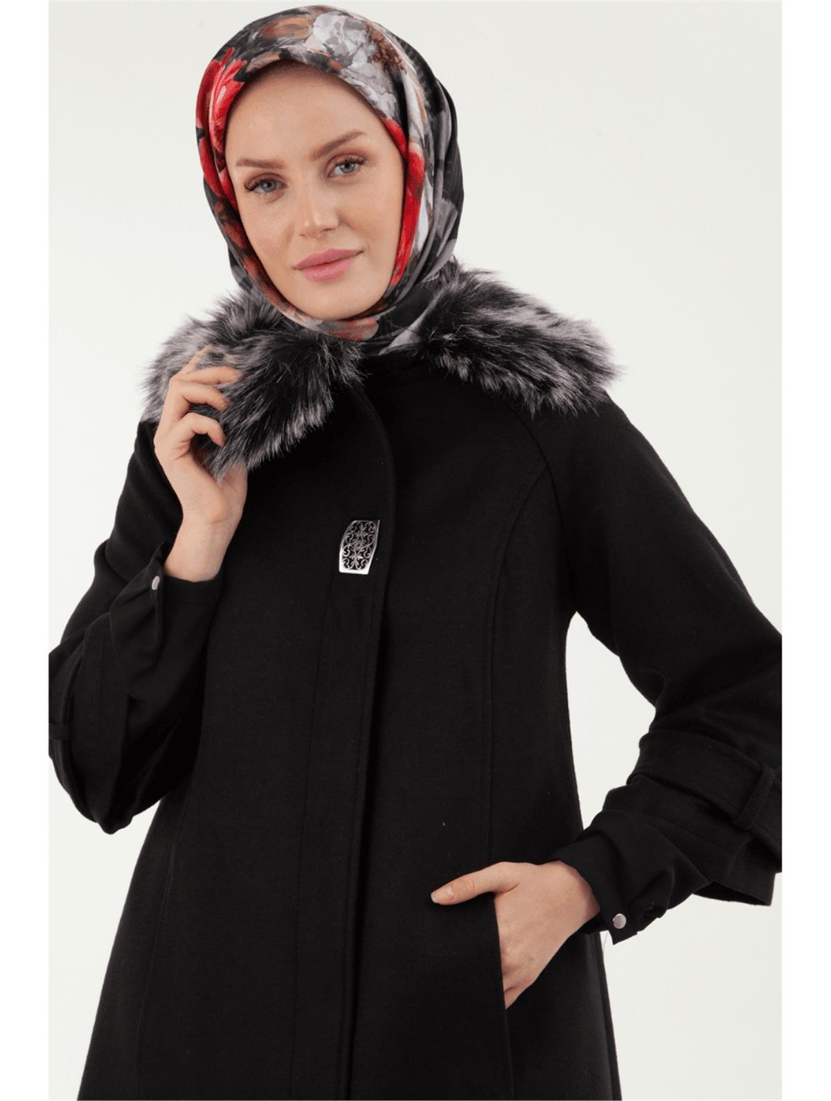 Armine Trend Yakası Kürklü Kaşe Kaban 22KT790 22KT750 Siyah
