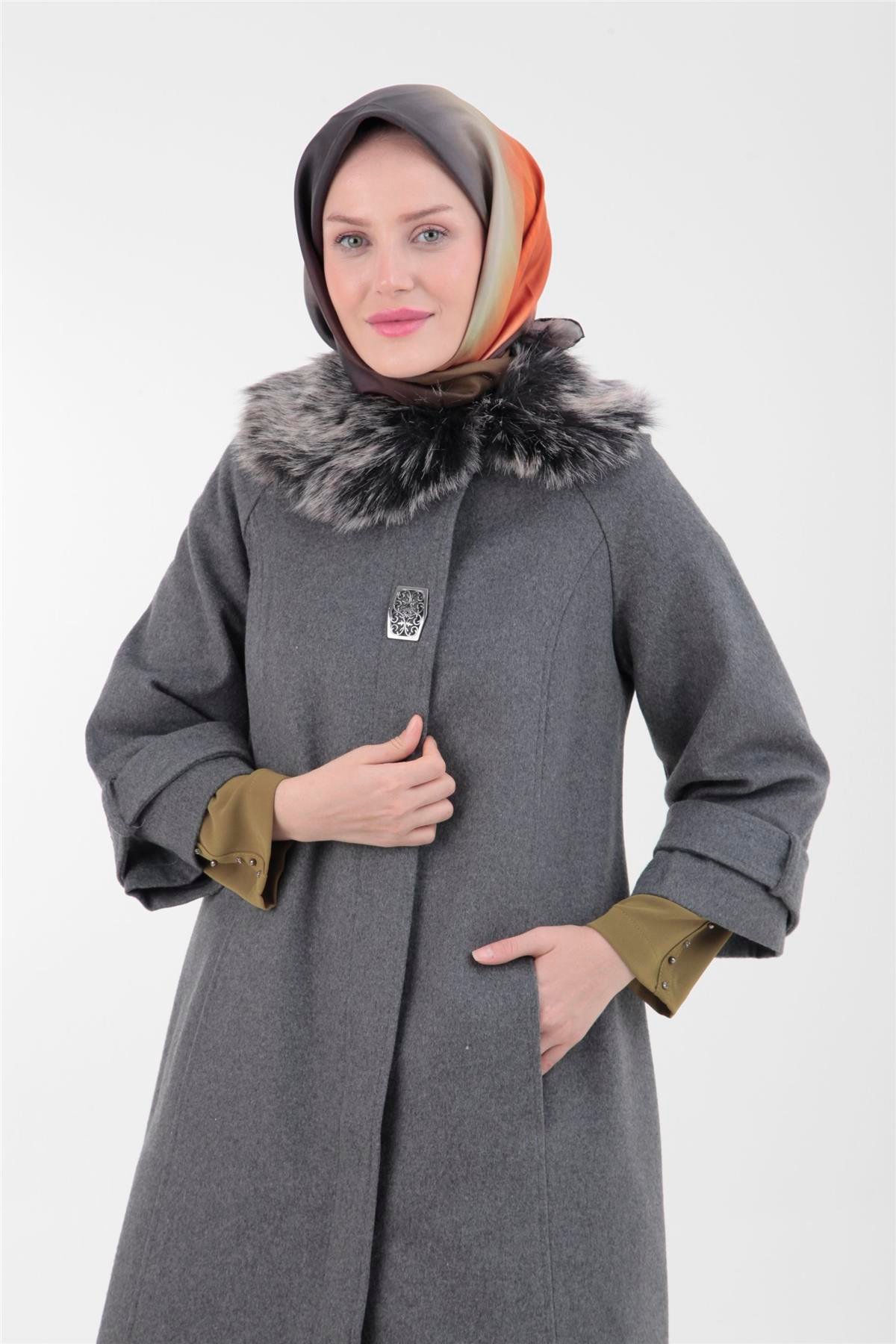 Armine Trend Yakası Kürklü Kaşe Kaban 22KT790 22KT750 Gri