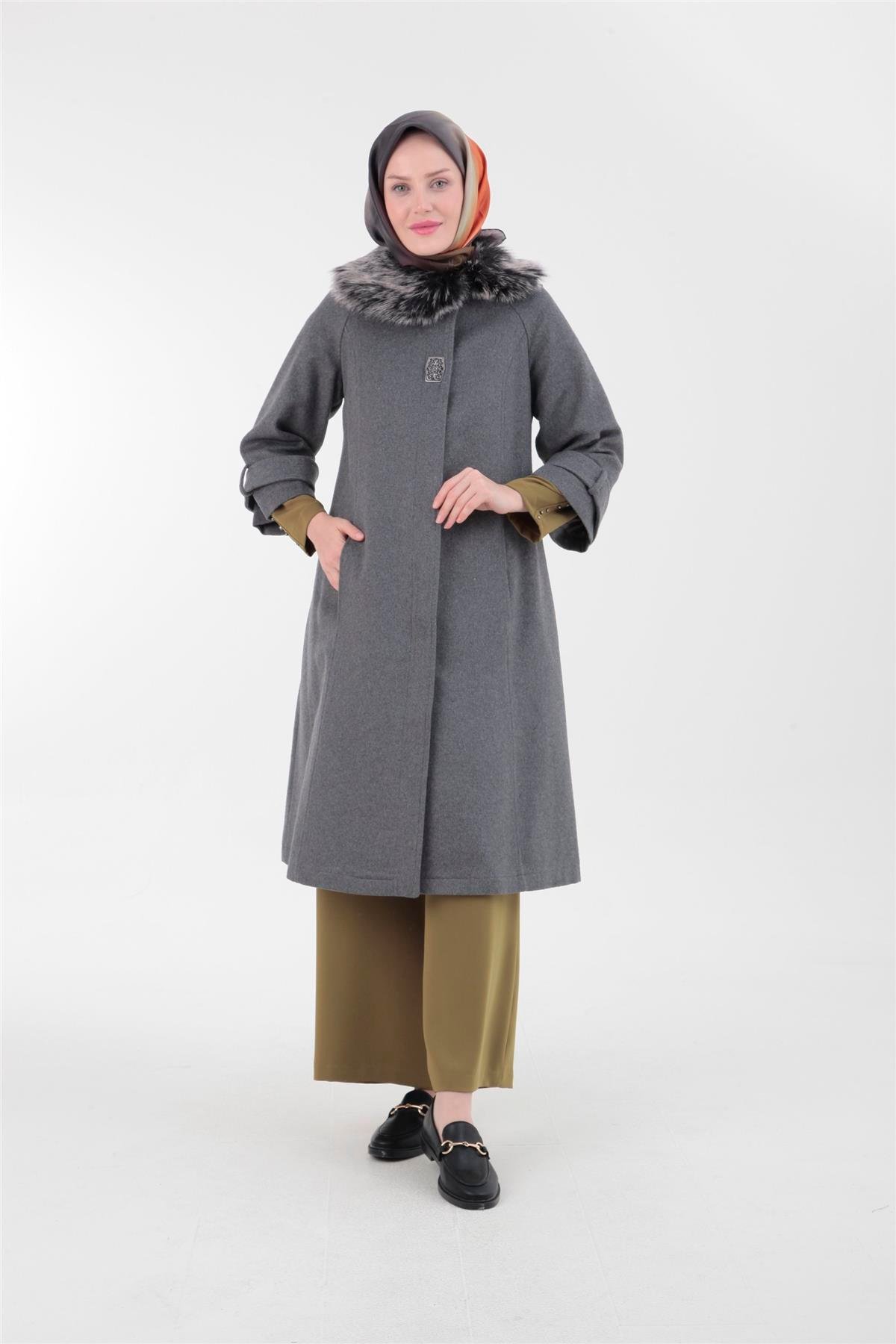 Armine Trend Yakası Kürklü Kaşe Kaban 22KT790 22KT750 Gri
