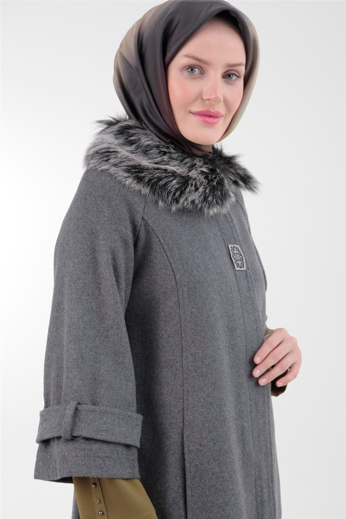 Armine Trend Yakası Kürklü Kaşe Kaban 22KT790 22KT750 Gri