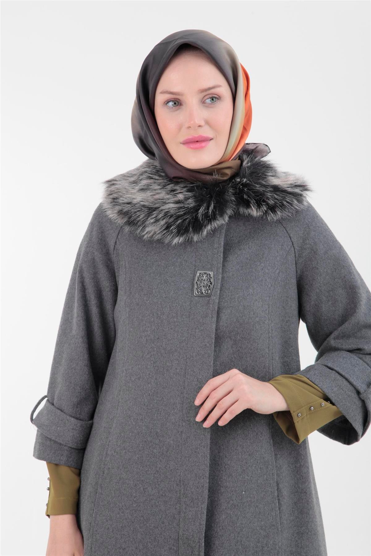 Armine Trend Yakası Kürklü Kaşe Kaban 22KT790 22KT750 Gri