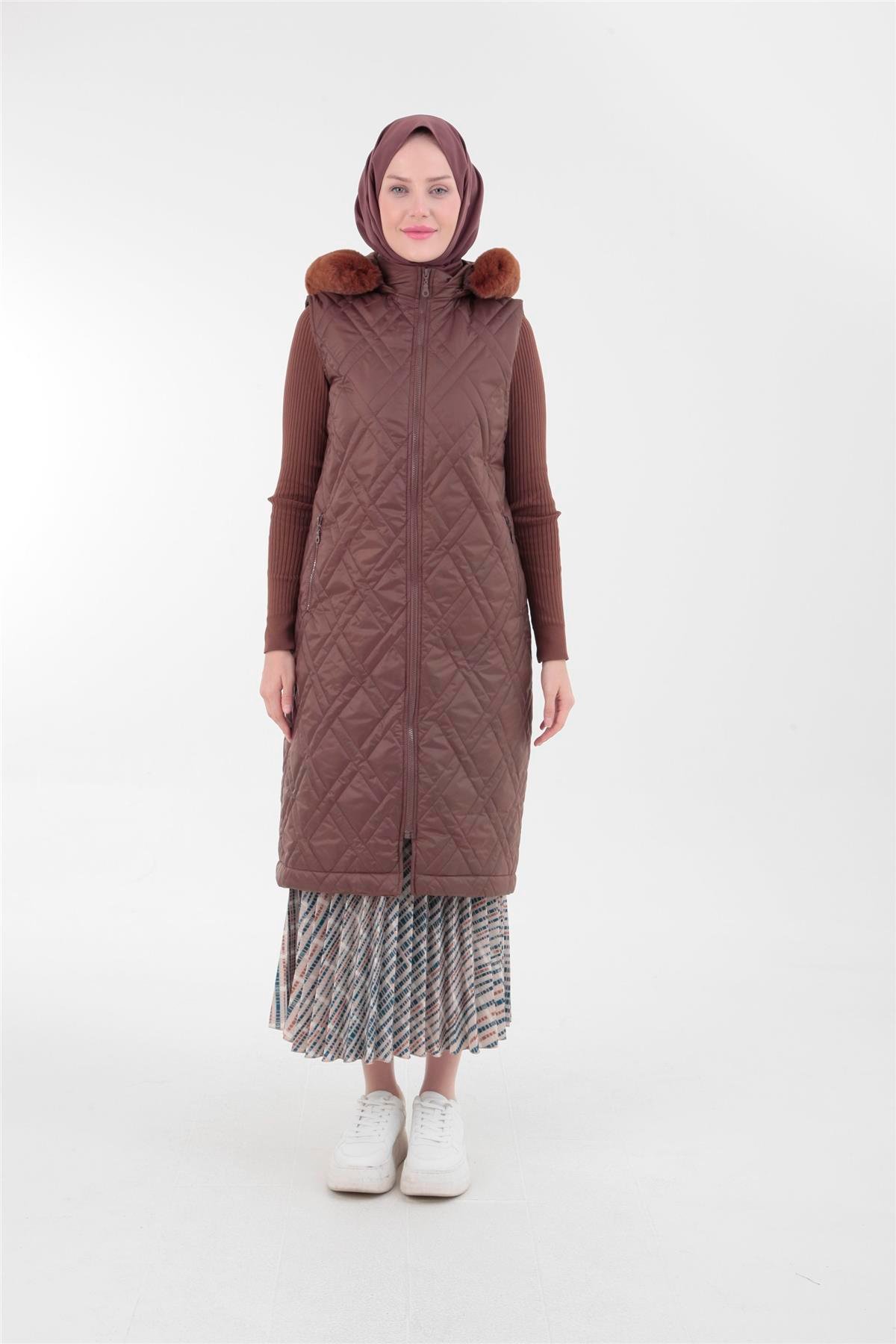 Armine Trend Yakası Kürklü Yelek 23KT507 Taba