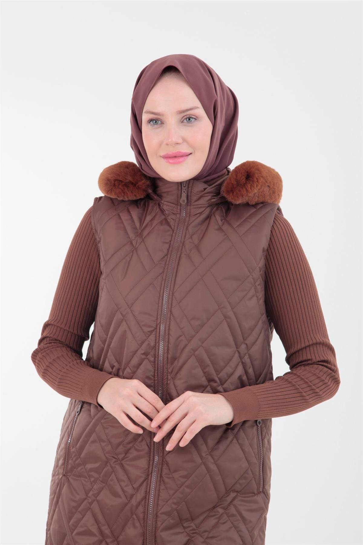 Armine Trend Yakası Kürklü Yelek 23KT507 Taba