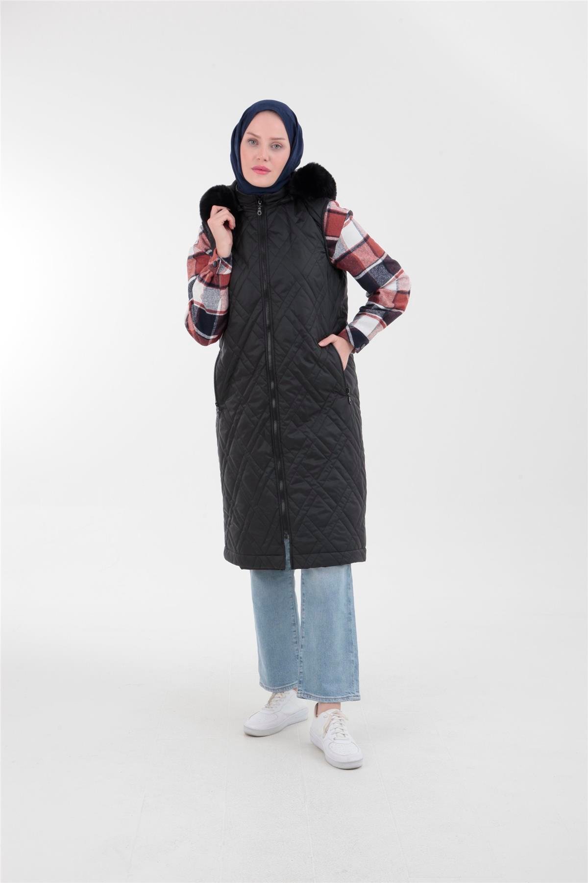 Armine Trend Yakası Kürklü Yelek 23KT507 Siyah