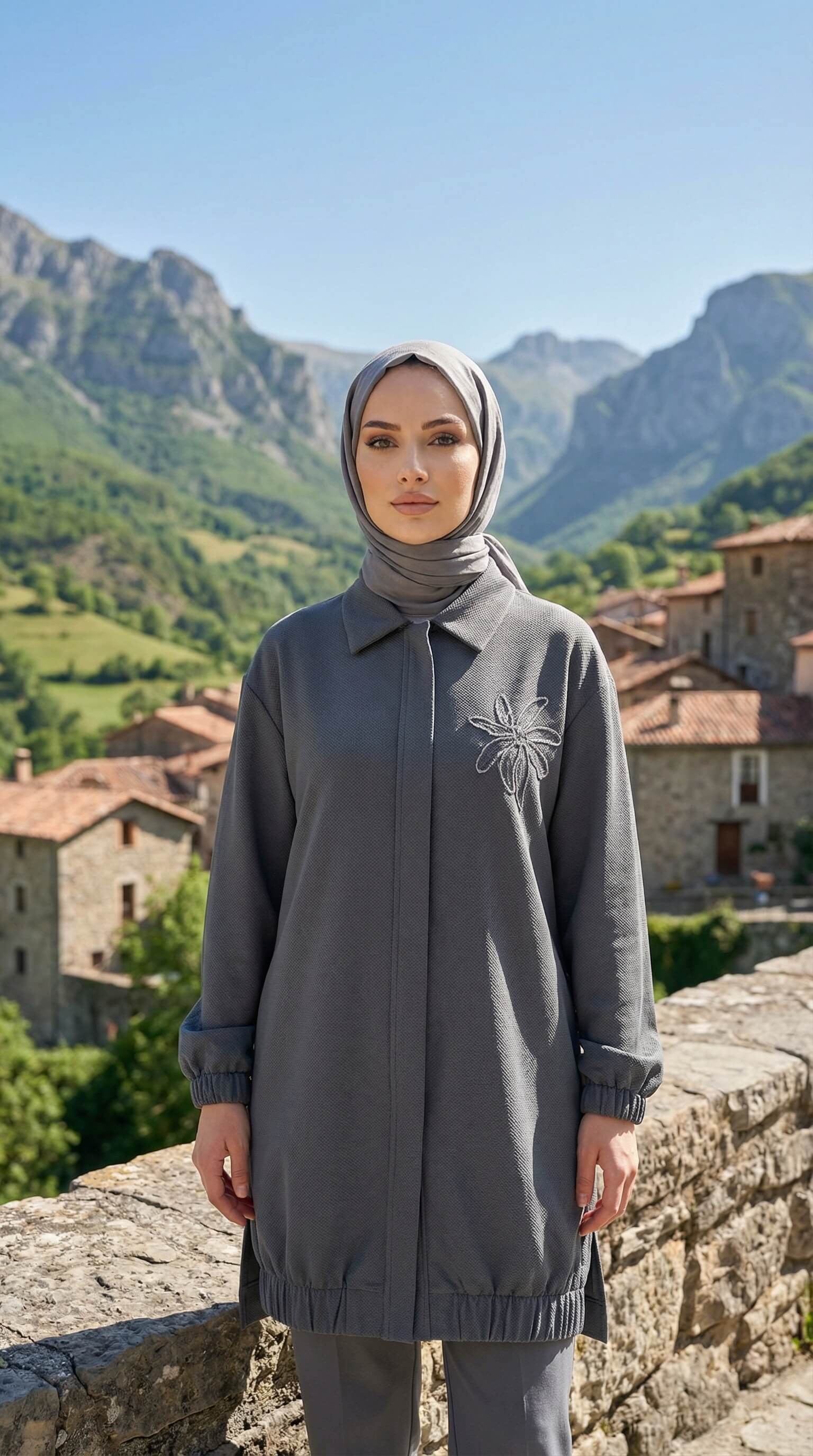 Armine TREND Yakası Palmiye İşlemeli  Fermuarlı Tunik Petrol 26YT405