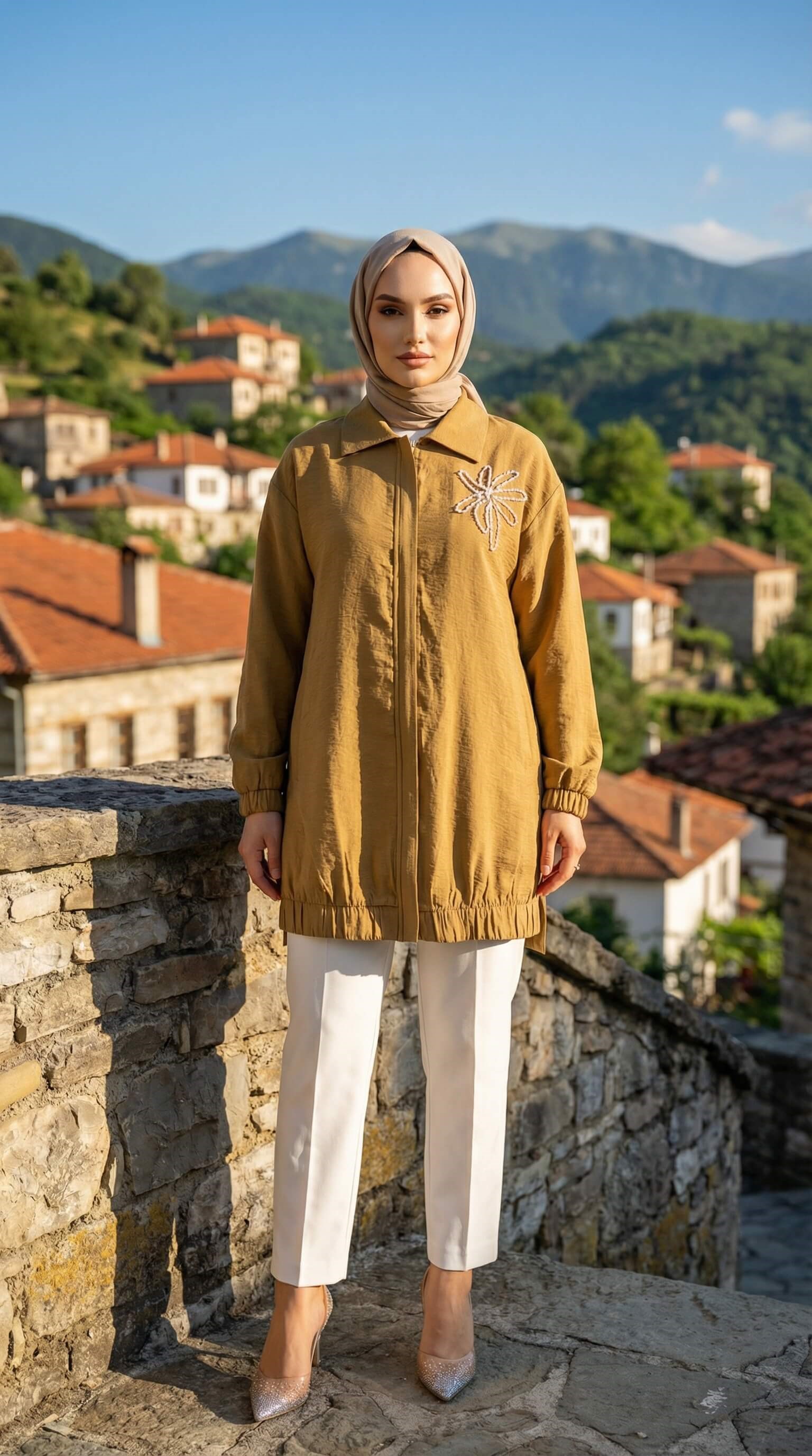 Armine TREND Yakası Palmiye İşlemeli  Fermuarlı Tunik Hardal 26YT405