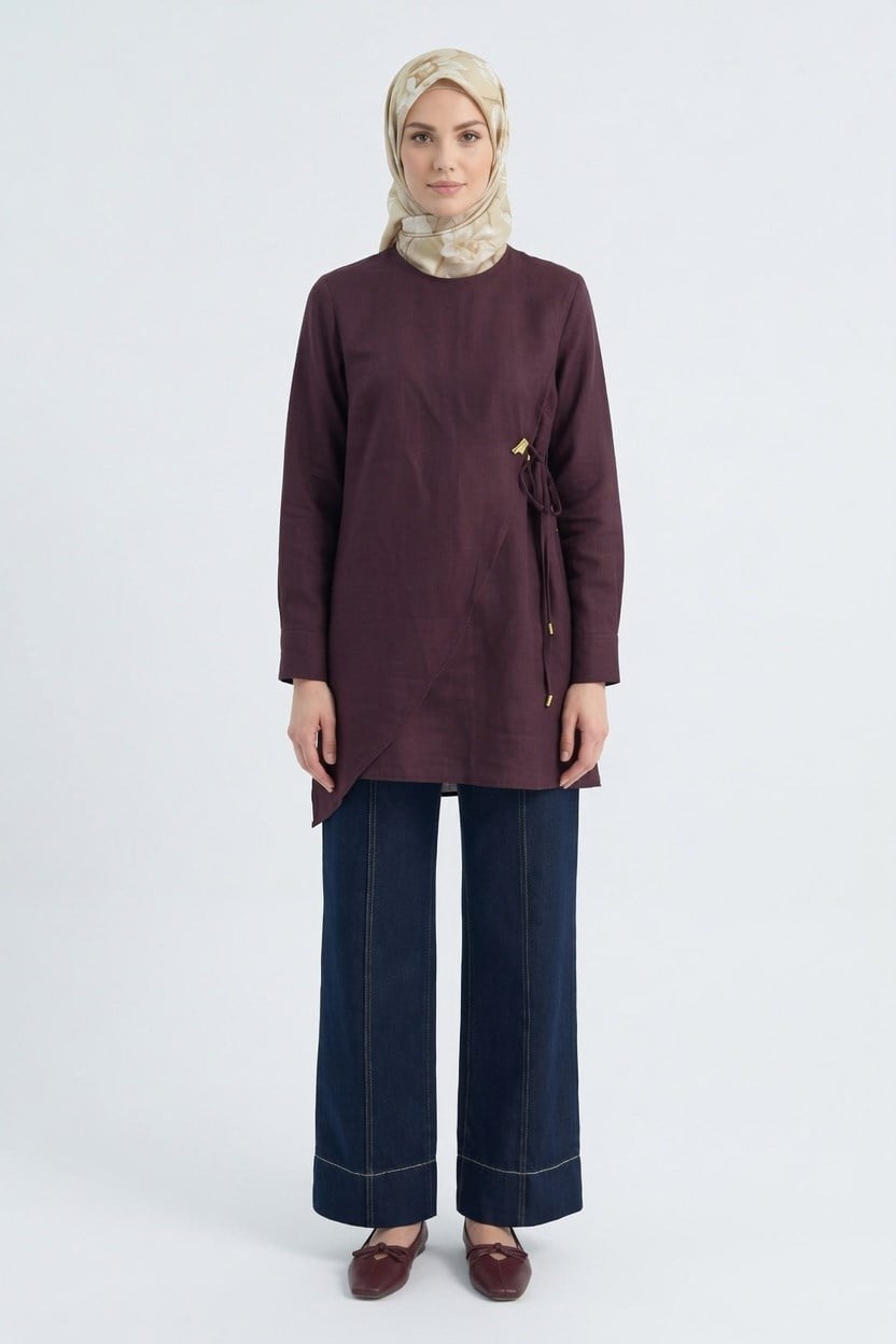 Armine Trend Yan Metal Tokalı Asimetrik Tunik Bordo 26yt467