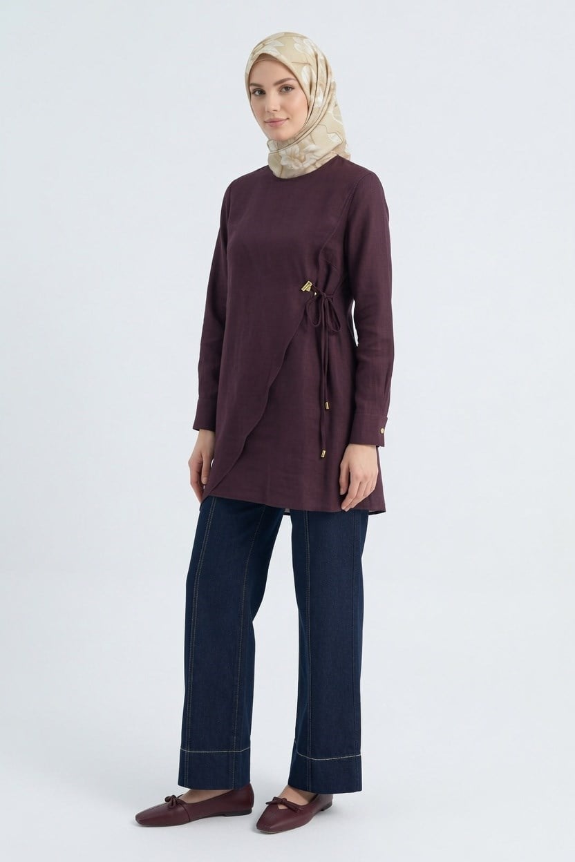 Armine Trend Yan Metal Tokalı Asimetrik Tunik Bordo 26yt467