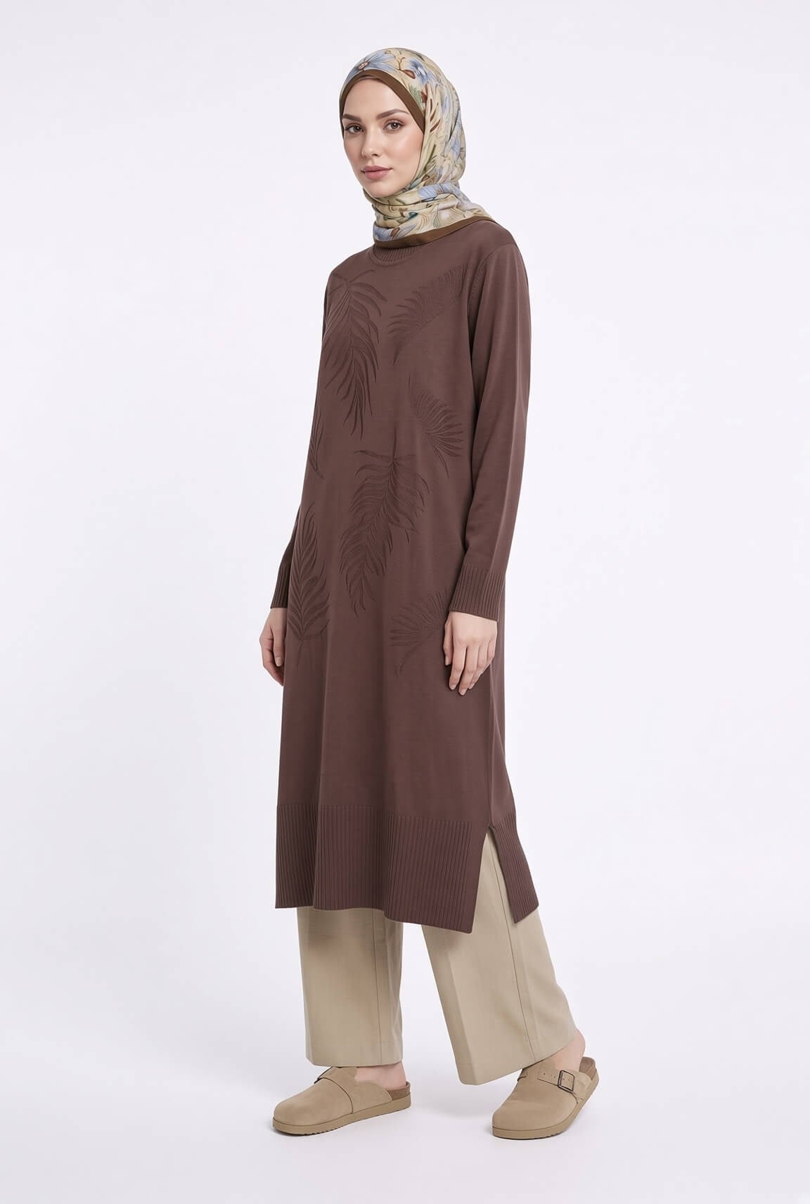 Armine TREND Yaprak Desenli Uzun Triko Tunik Mocha 26KTD408