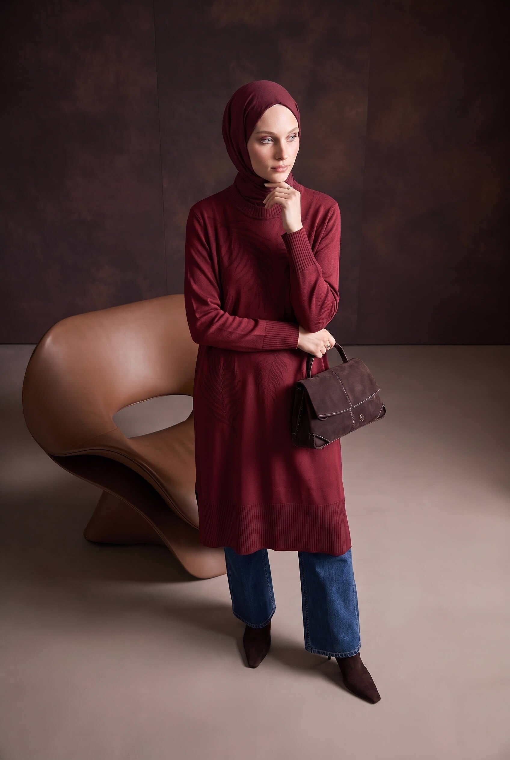 Armine TREND Yaprak Desenli Uzun Triko Tunik Bordo 26KTD408