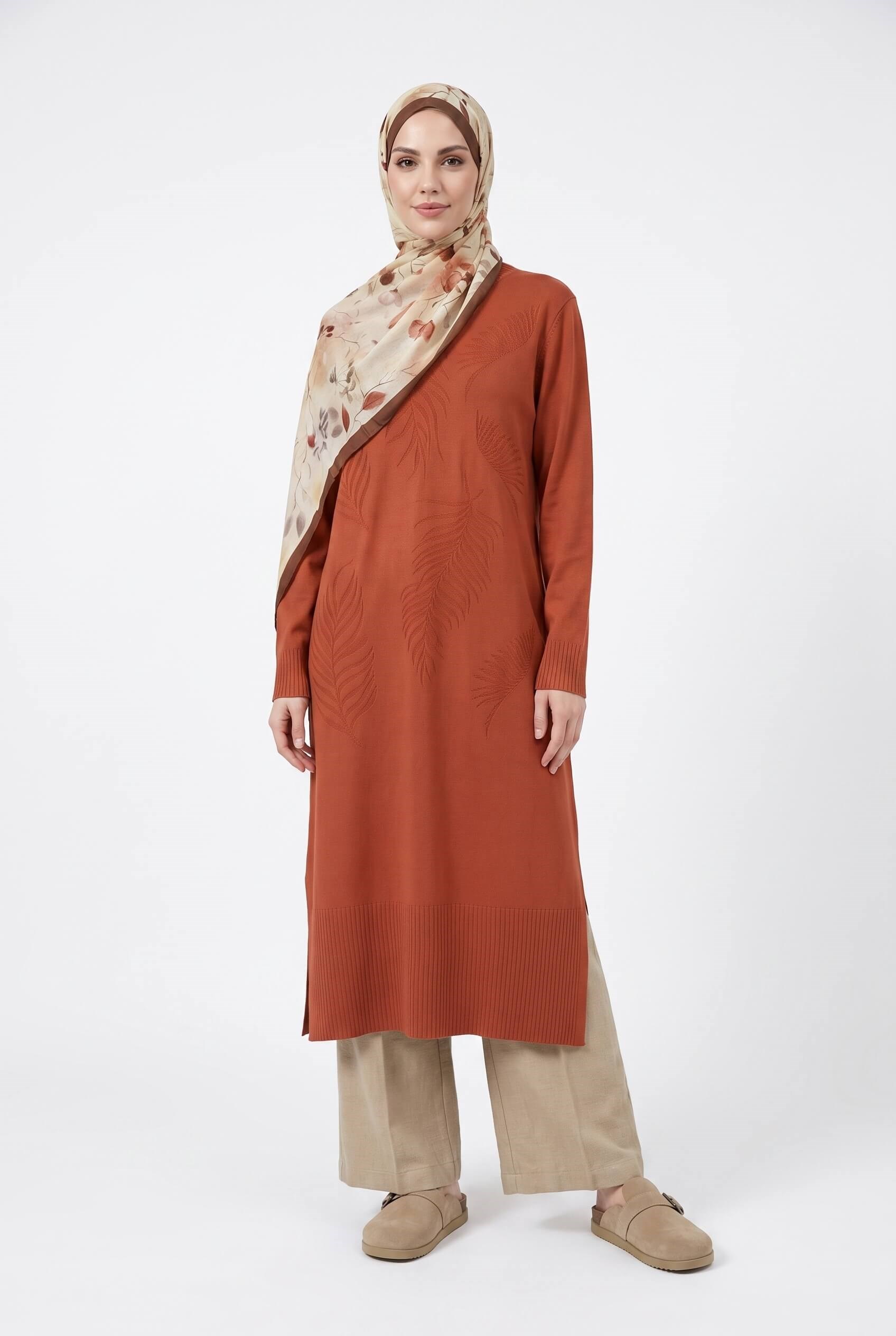 Armine TREND Yaprak Desenli Uzun Triko Tunik Şeftali 26KTD408