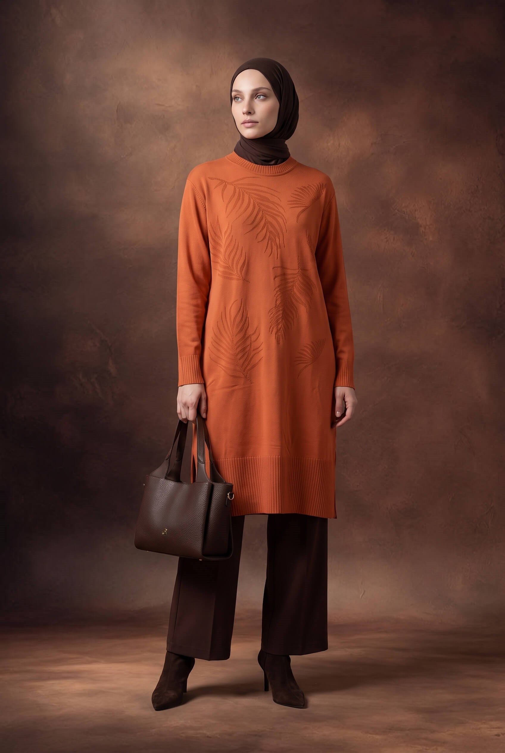 Armine TREND Yaprak Desenli Uzun Triko Tunik Şeftali 26KTD408