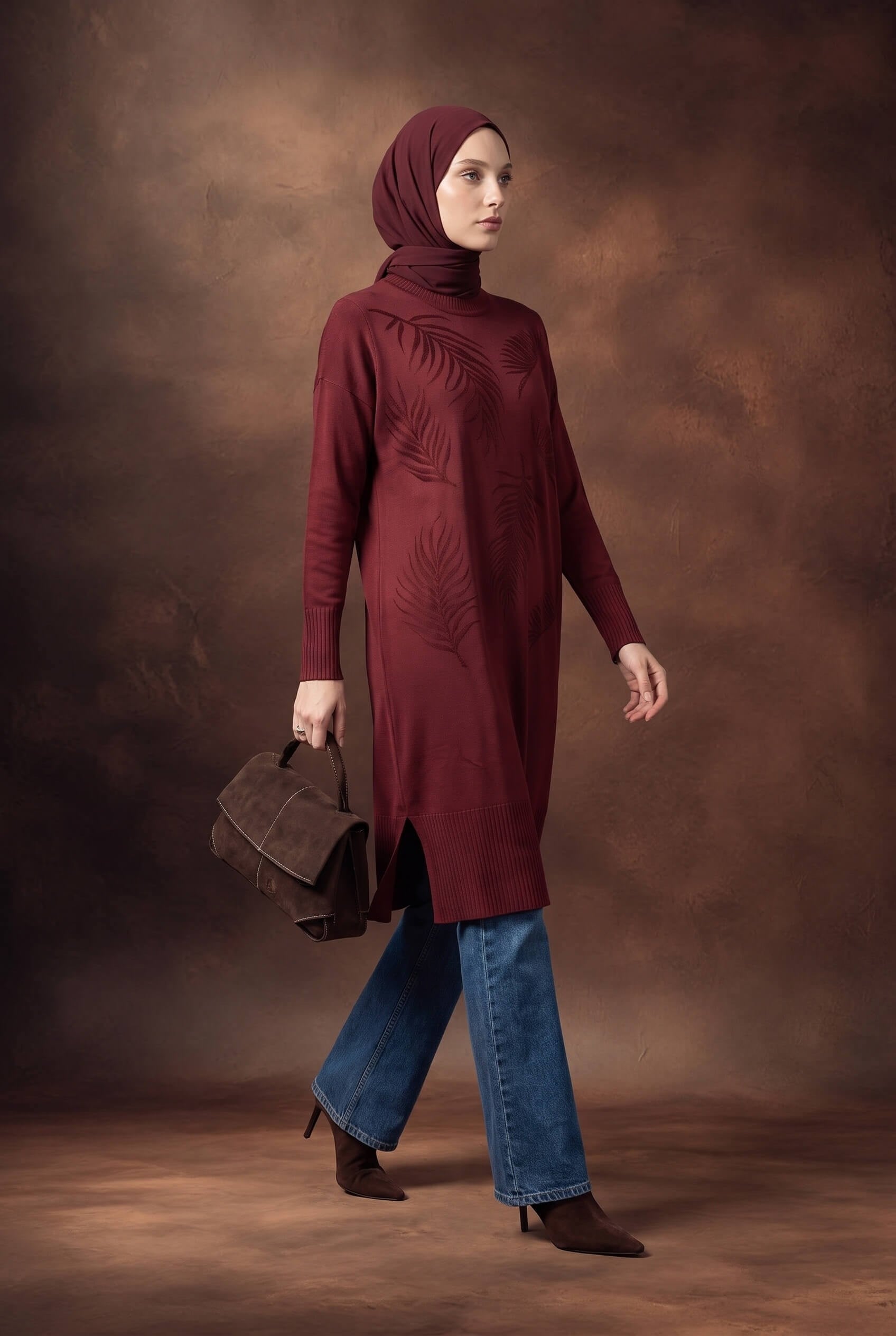 Armine TREND Yaprak Desenli Uzun Triko Tunik Bordo 26KTD408