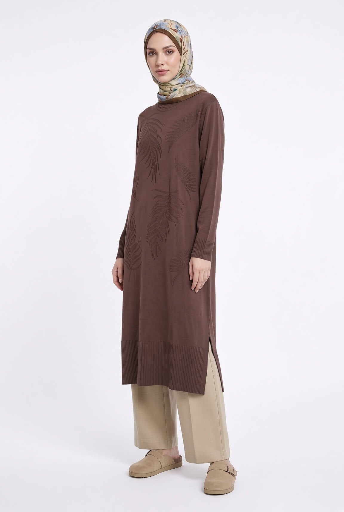 Armine TREND Yaprak Desenli Uzun Triko Tunik Mocha 26KTD408