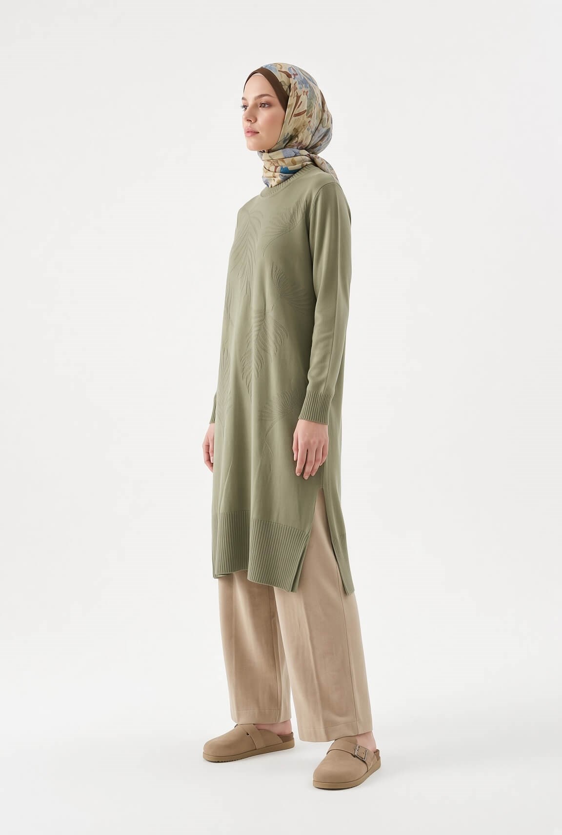 Armine TREND Yaprak Desenli Uzun Triko Tunik Çağla 26KTD408