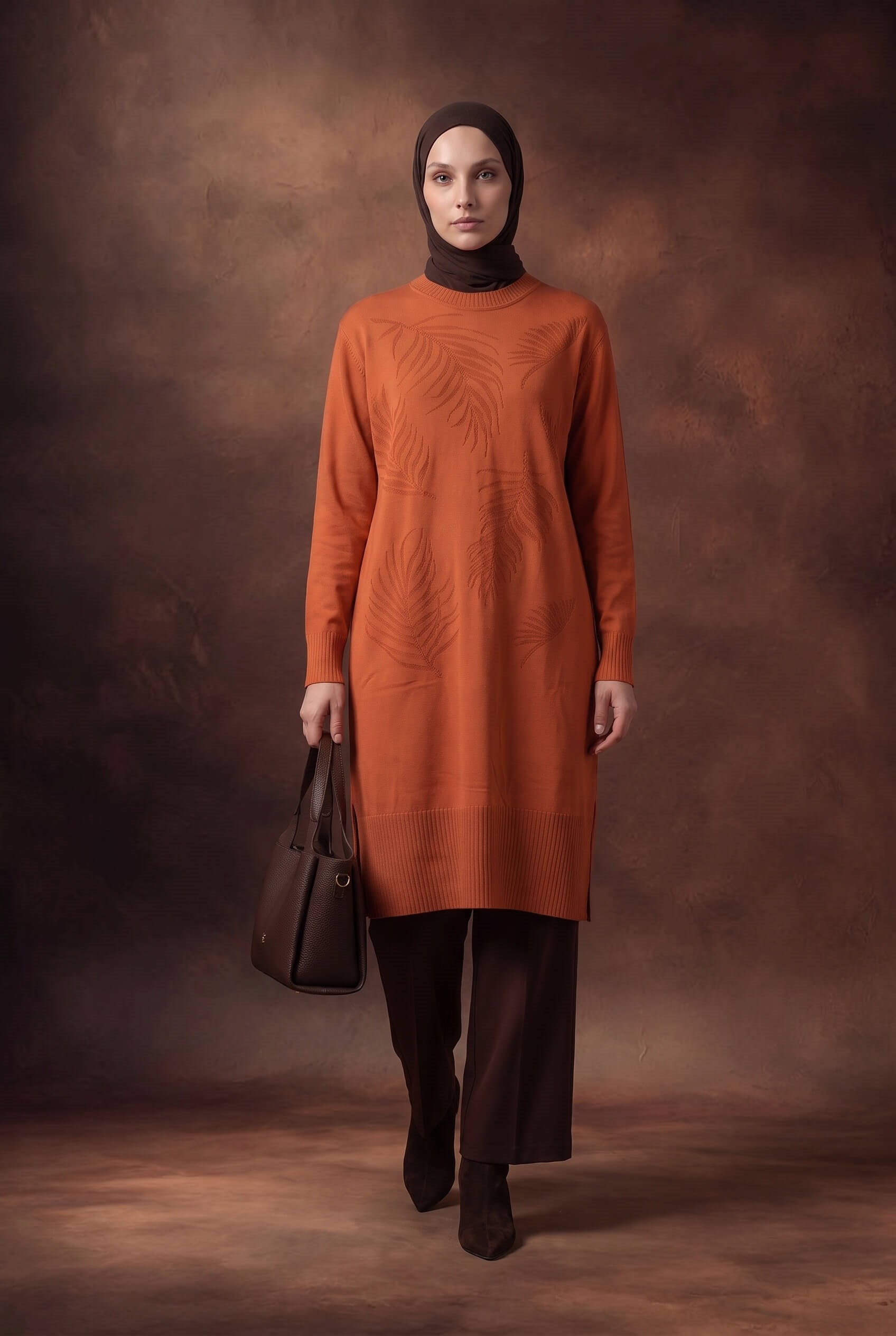 Armine TREND Yaprak Desenli Uzun Triko Tunik Şeftali 26KTD408