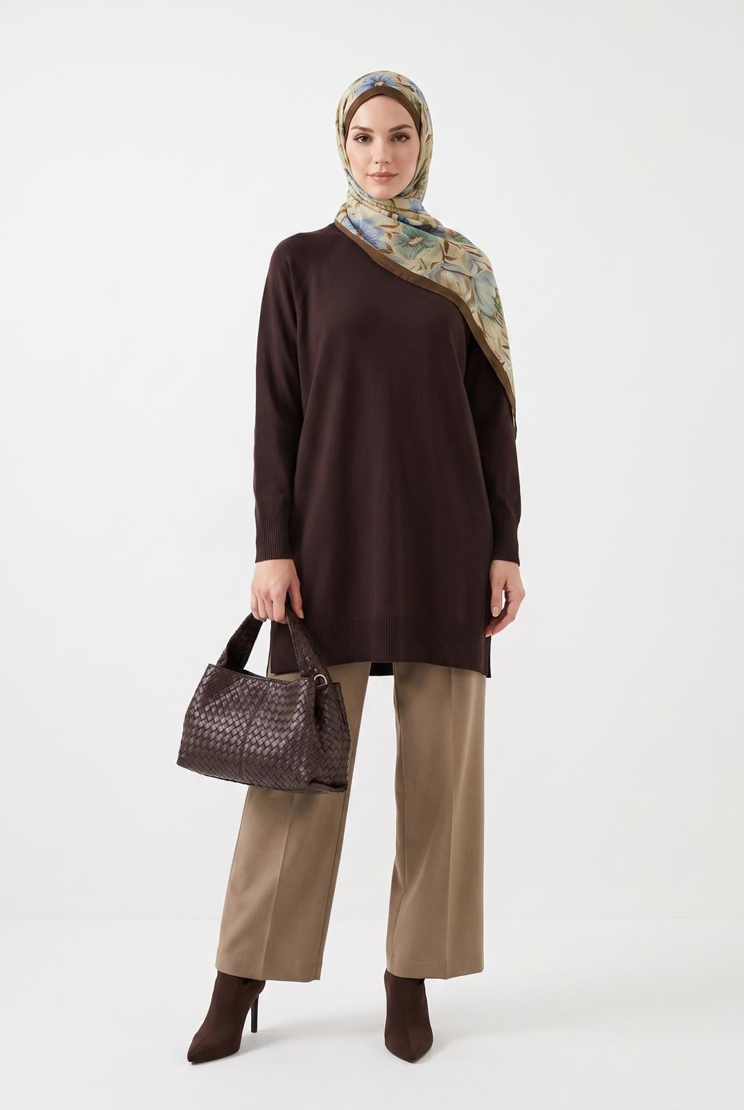 Armine TREND Yarım Balıkçı Düz Triko Tunik Kahverengi 26KTD41