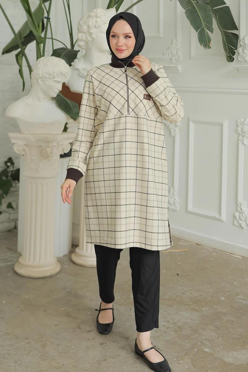 ARMİNE TREND Yarım Fermuarlı Kolları Ribanalı Tunik Bej 24KT416