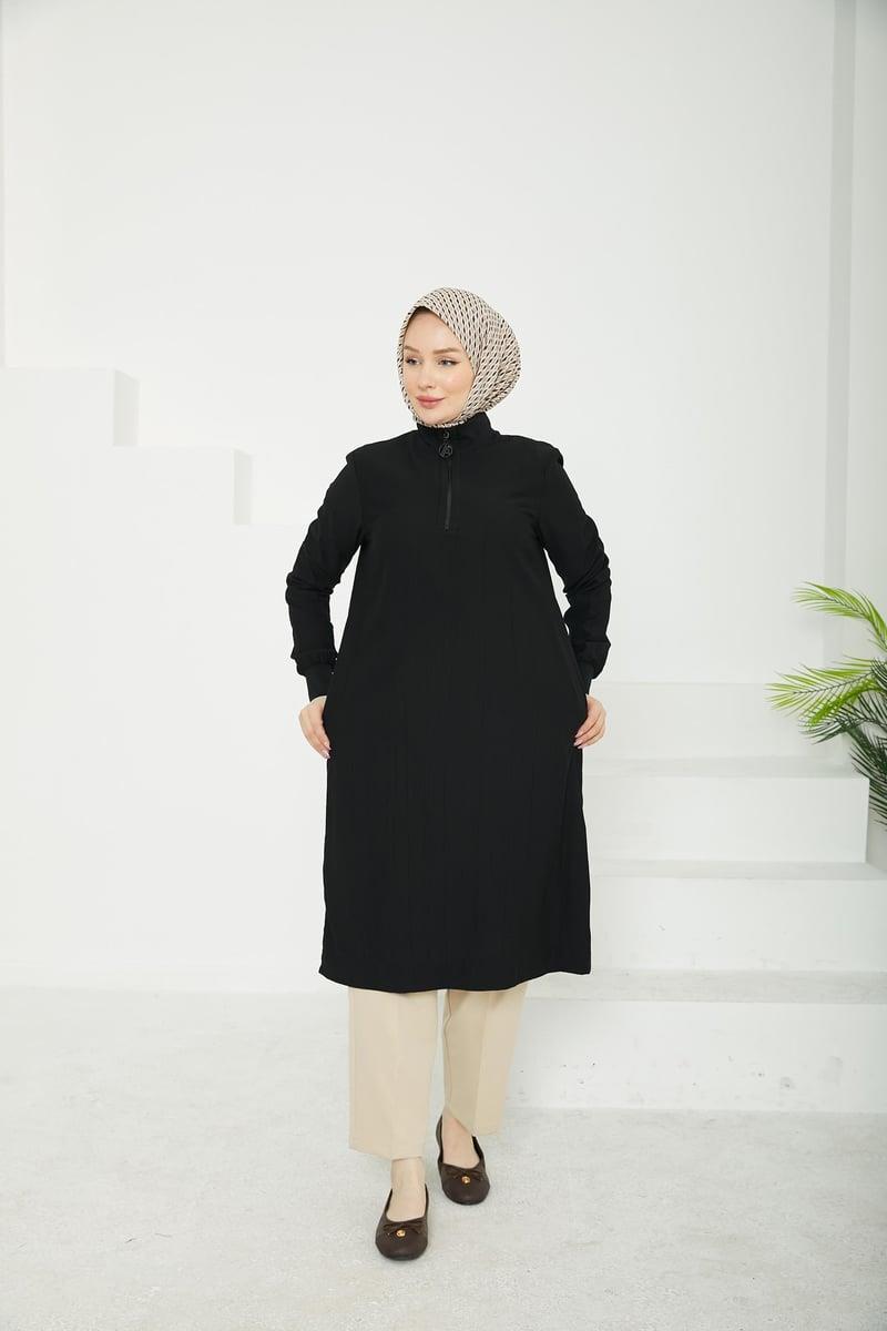 ARMİNE TREND Yarım Fermuarlı Kolları ve Yakası Ribanalı Tunik Siyah 25YT433