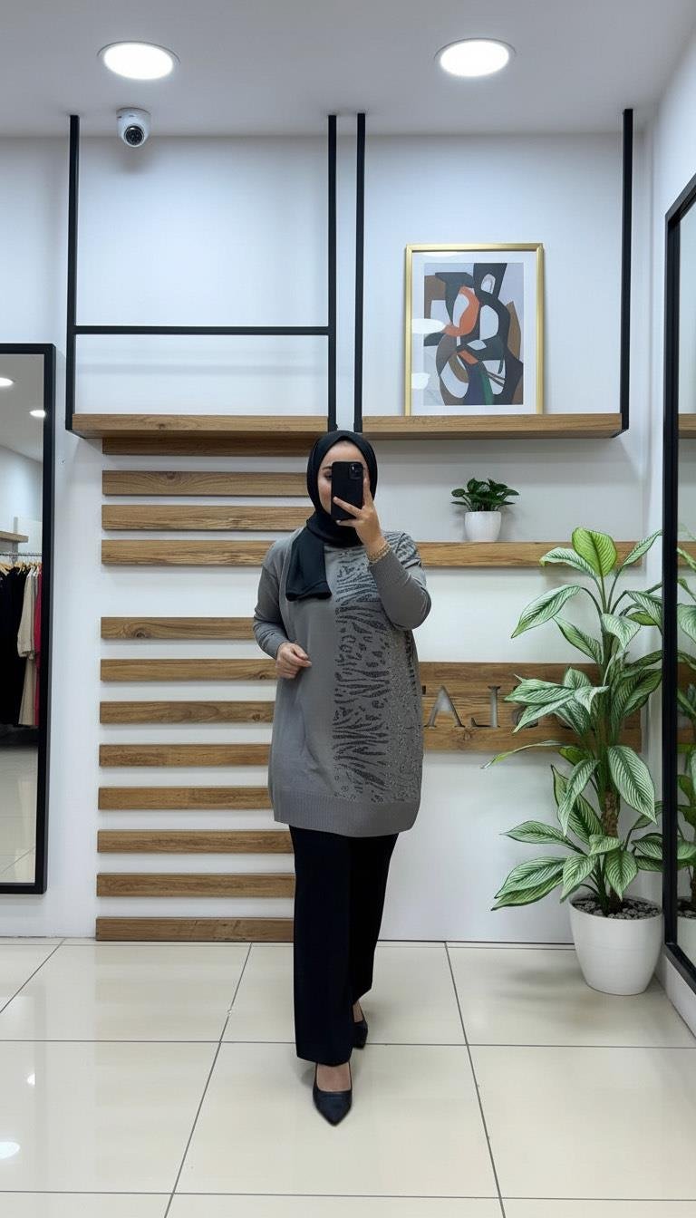 Armine TREND Zebra Desen Triko Tunik Gri 25KTD4116
