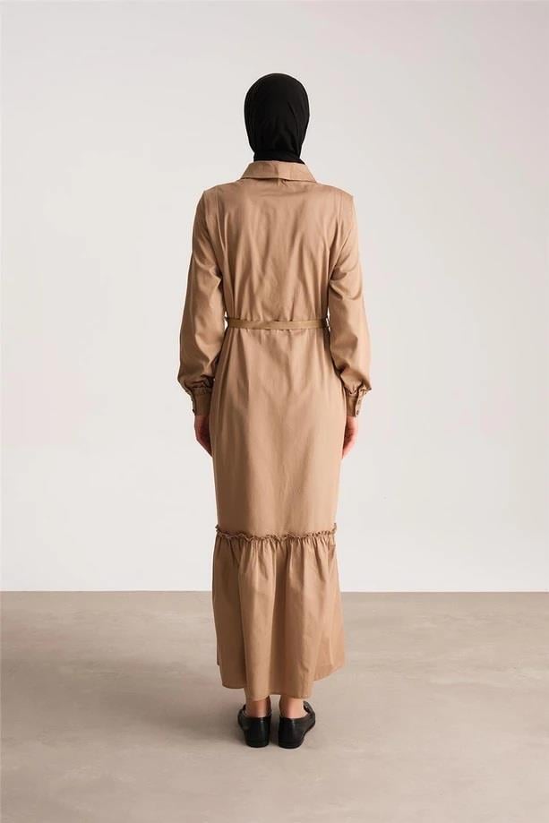 Armine Üstü Düğmeli Pamuk Gabardin Elbise Camel 24Y9807