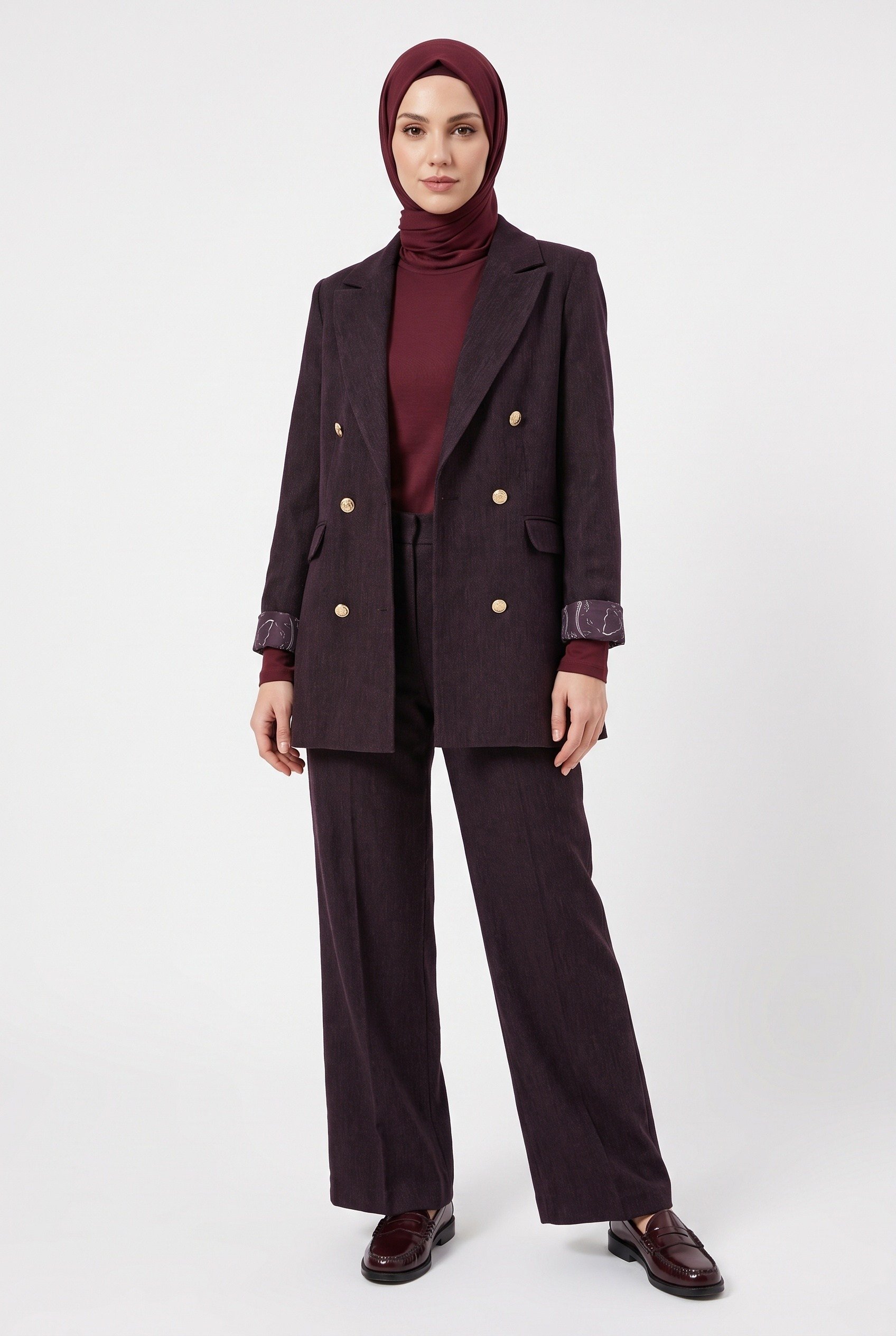 Avenna Desenli Astar Detaylı Kruvaze Blazer Takım Mürdüm 26Ka641
