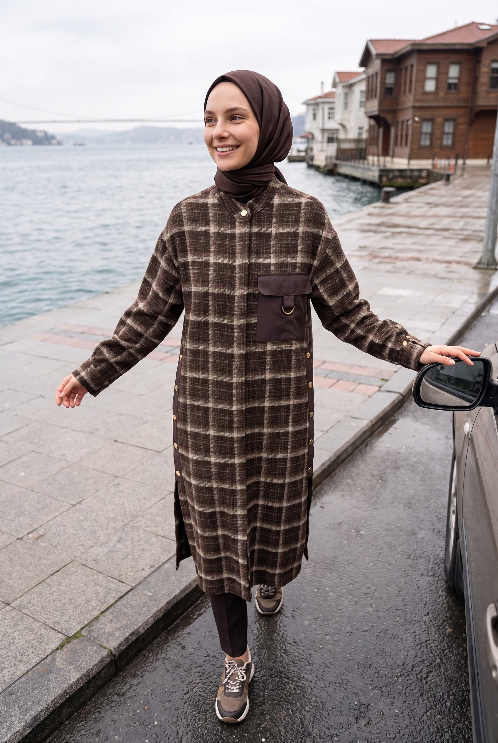 Avenna Hakim Yaka Ekoseli Kahverengi Tunik 26KT421