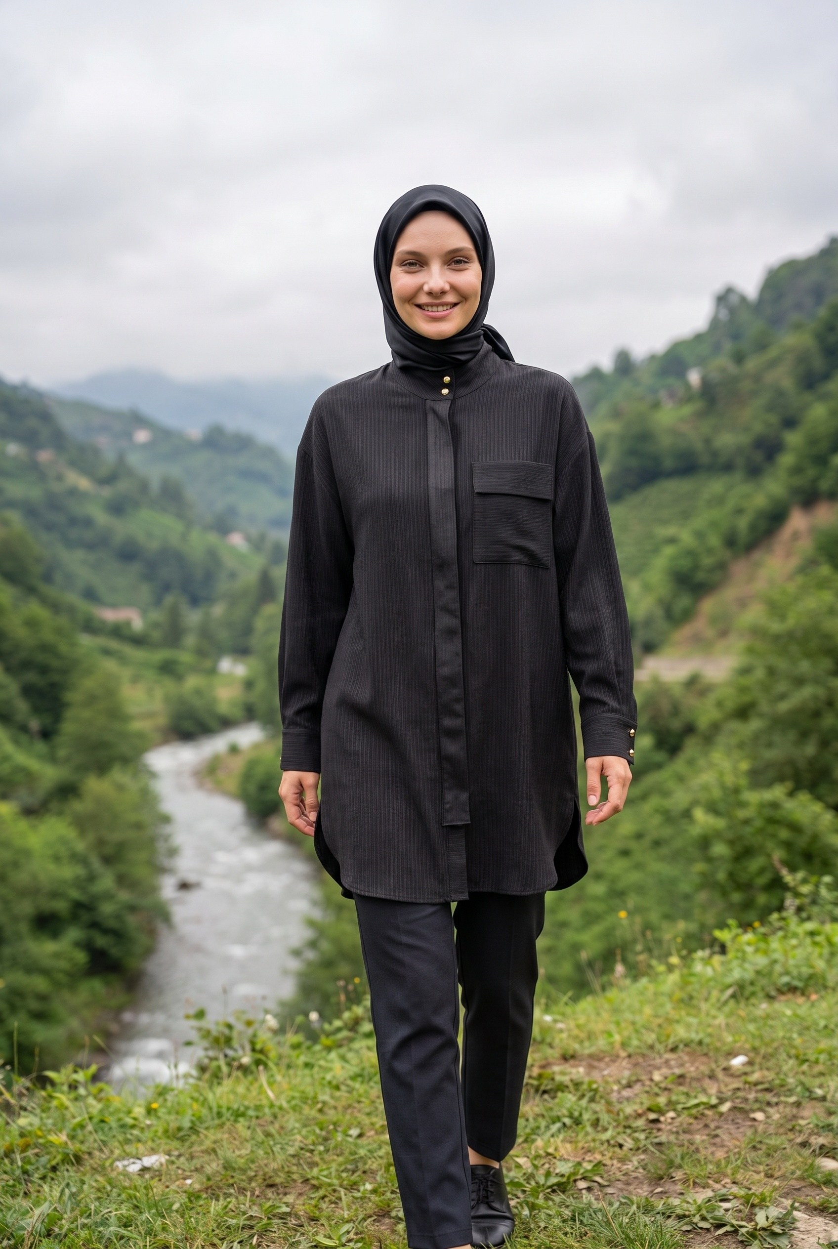 Avenna Hakim Yaka Pat Detaylı Çizgili Tunik Kahverengi 26kt434