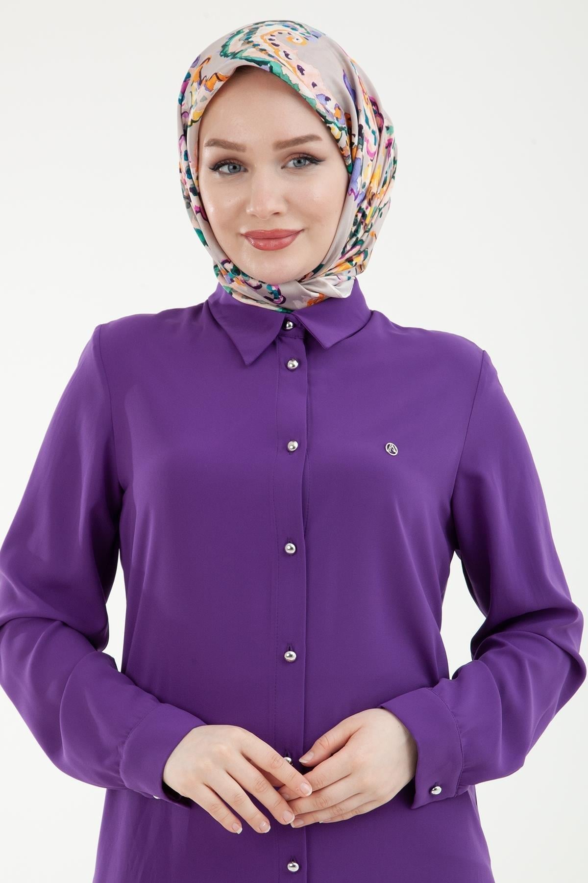 ARMİNE TREND Gömlek Yakalı Kolu Manşetli Düğmeli Tunik Mor 24YT430