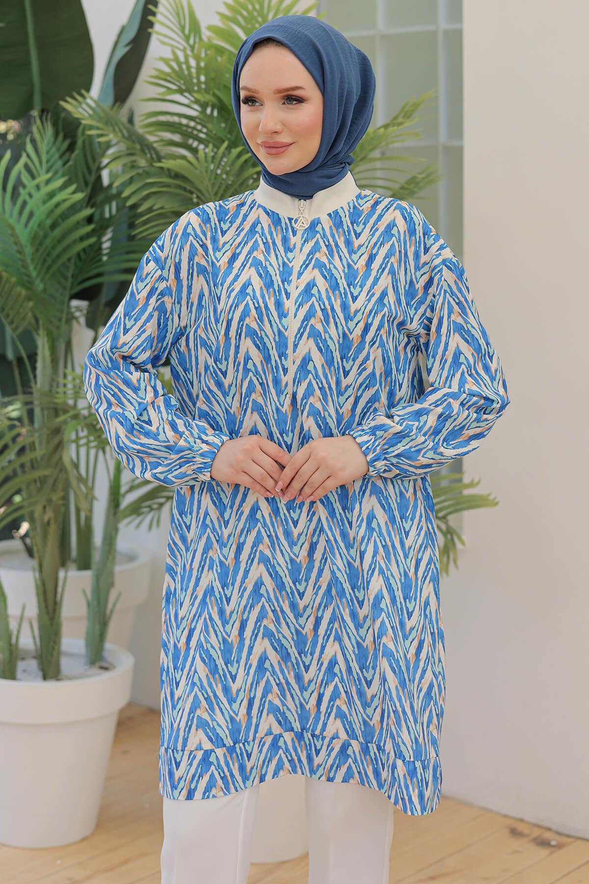 Armine TREND Ön Fermuarlı Desenli Tunik Mavi 24YT431