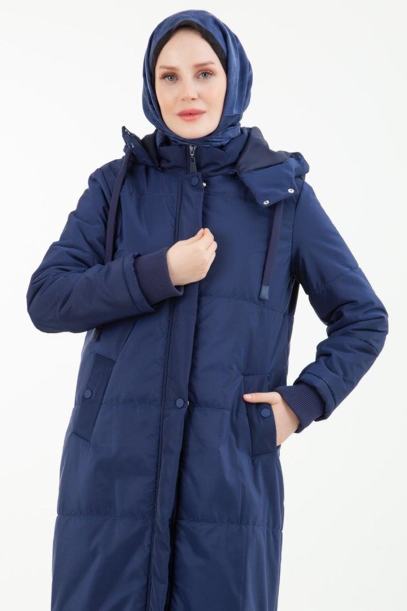 Armine Trend Kapitone Seyyar Kapüşonlu Önden Cepli Fermuarlı Mont Saks 23KT706