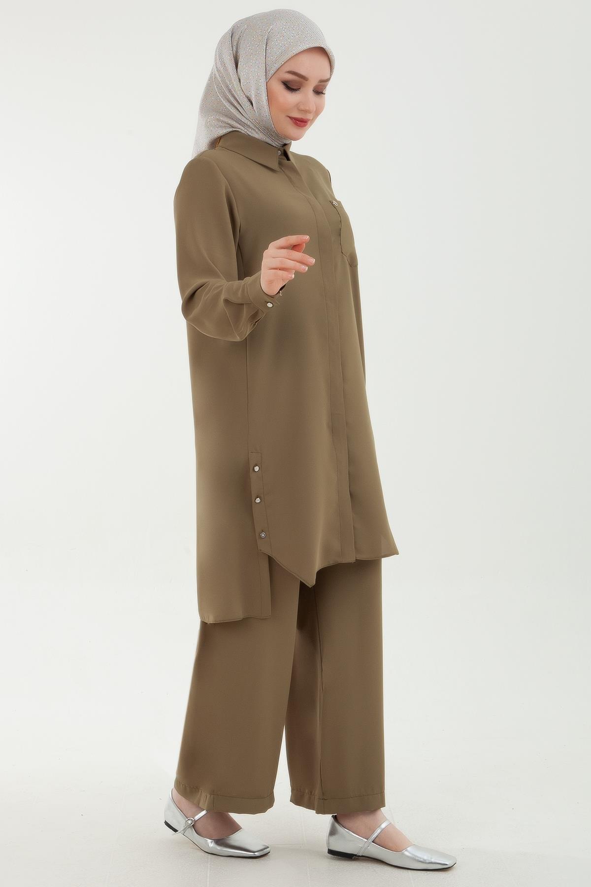 ARMİNE TREND Pantolonlu Beli Lastikli İkili Takım Yağ Yeşili 24YT629