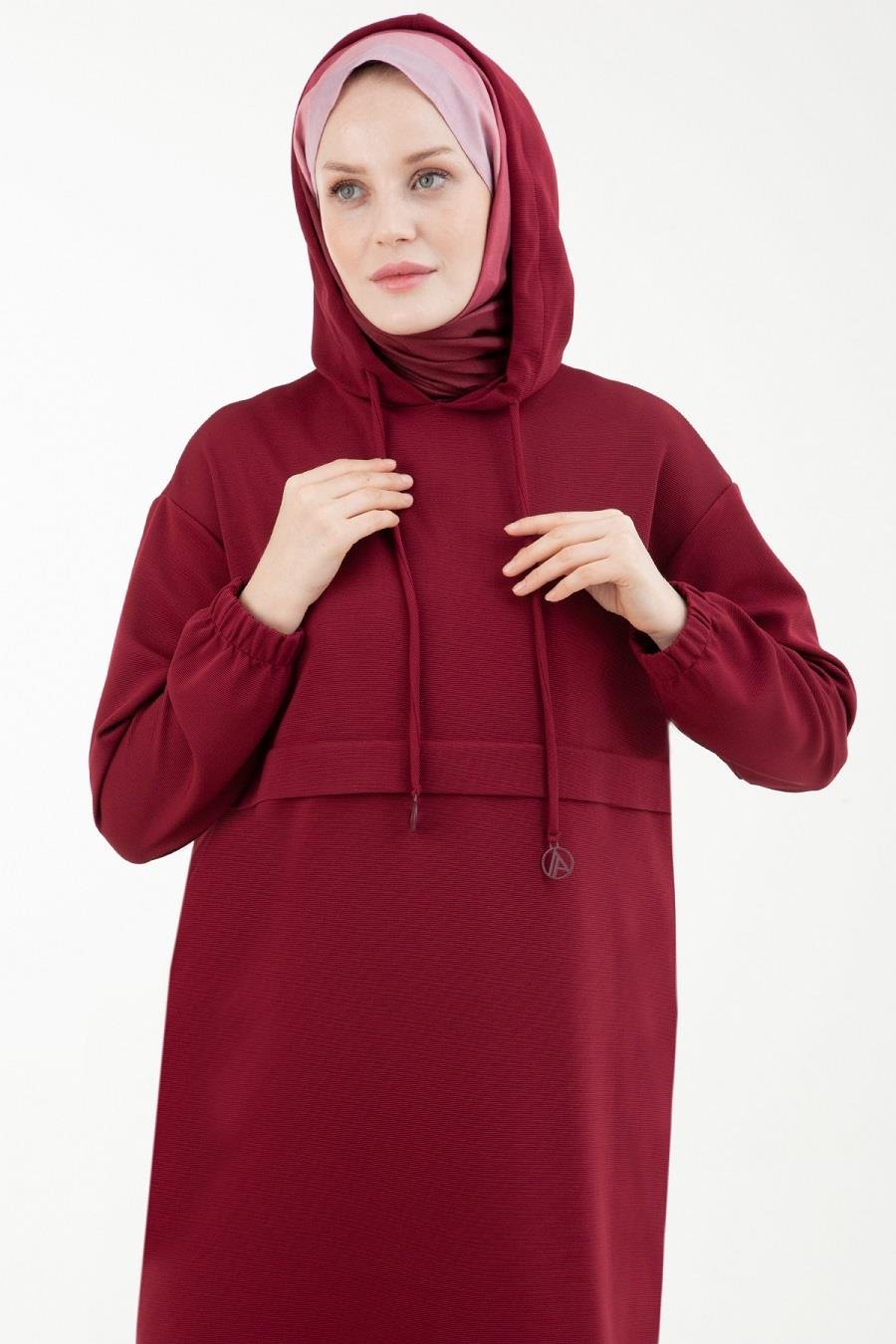 ARMİNE TREND Kapşonlu Bağcıklı Tunik Bordo 23KT446