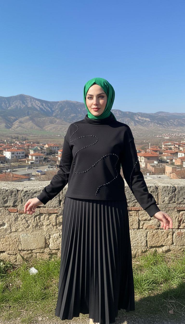BELLİ Çelik İnterlok Kumaş Bayan Taşlı Takım Siyah 25K6012