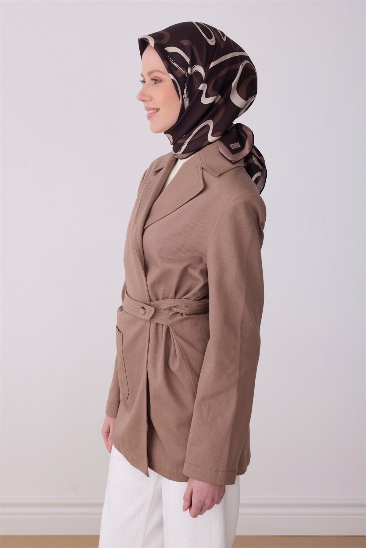 BELLİ Kahverengi Soyut Desen %100 Twill İpek Eşarp 4309-38