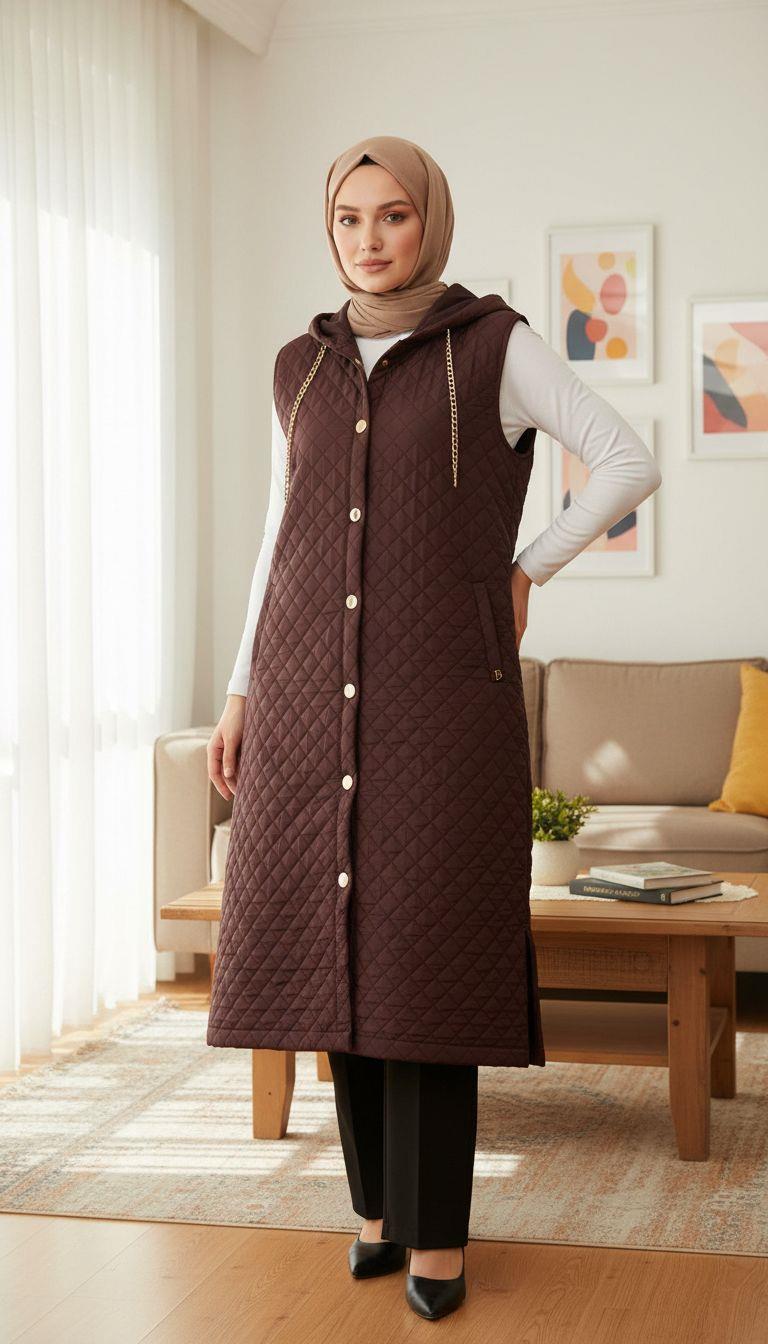 Belli Kapüşonlu Kapitone Yelek Kahverengi 25KD5006