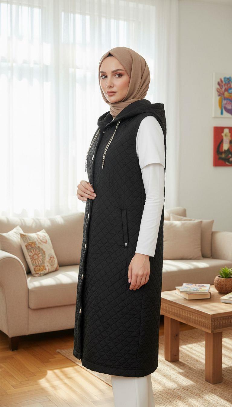 Belli Kapüşonlu Kapitone Yelek Siyah 25KD5006