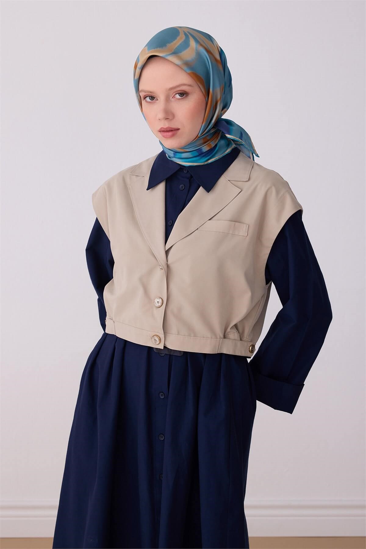 BELLİ Mavi Soyut Desen %100 Twill İpek Eşarp 4301-81