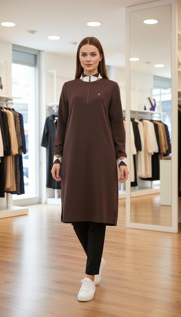 BELLİ Örme Kumaş Tunik Kahverengi 25KT4008