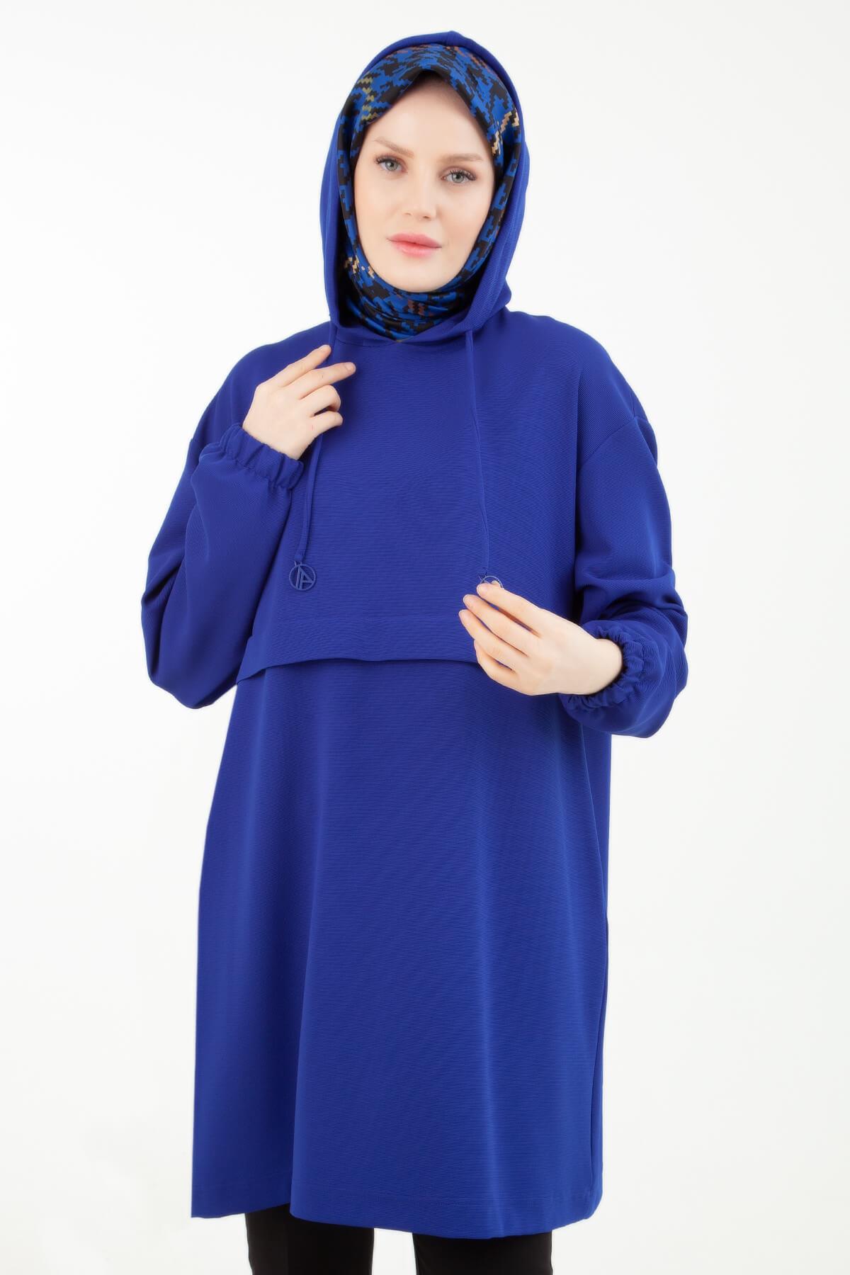 ARMİNE TREND Kapşonlu Bağcıklı Tunik Saks 23KT446