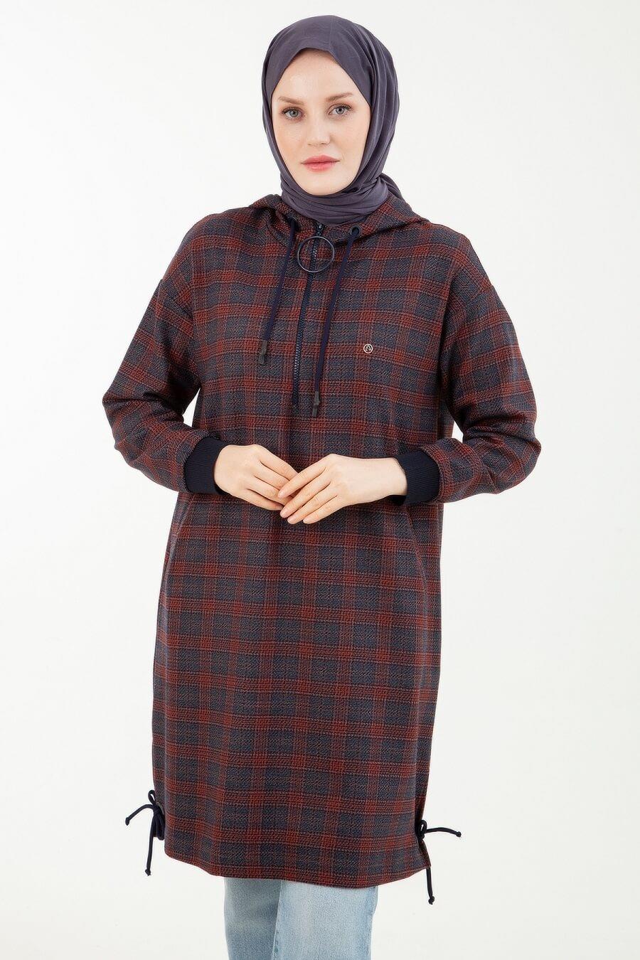 Armine Trend Ekose Desenli Önden Fermuarlı Kapüşonlu Tunik Bordo 23KT443